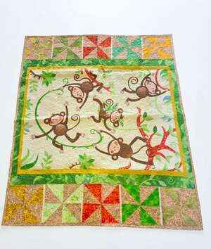 Playful Jungle Monkeys Handmade Baby Quilt Colorful Pinwheel Border 47" X 40"